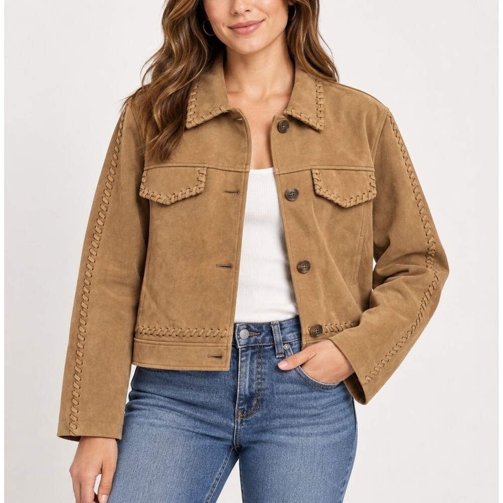 Rebecca Minkoff Faux Suede Whipstitch Trucker Jacket Tobacco Brown XL NWT
